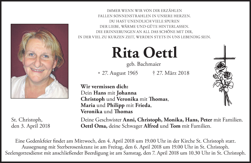  Traueranzeige für Rita Oettl vom 03.04.2018 aus merkurtz