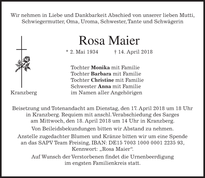  Traueranzeige für Rosa Maier vom 16.04.2018 aus merkurtz