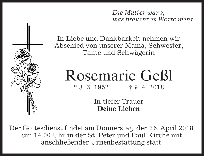  Traueranzeige für Rosemarie Geßl vom 24.04.2018 aus merkurtz