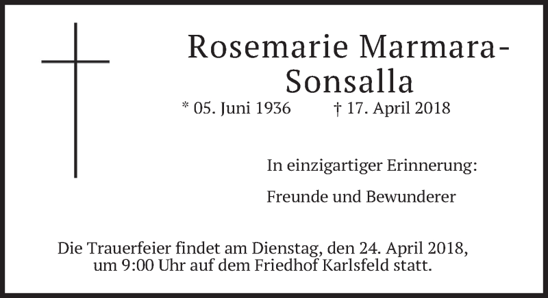  Traueranzeige für Rosemarie Marmara-Sonsalla vom 23.04.2018 aus merkurtz