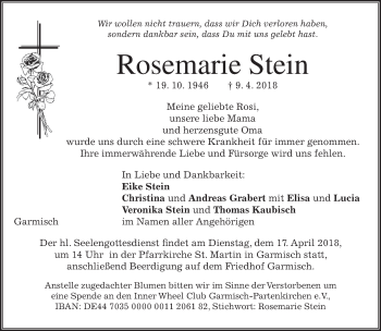 Traueranzeige von Rosemarie Stein von merkurtz