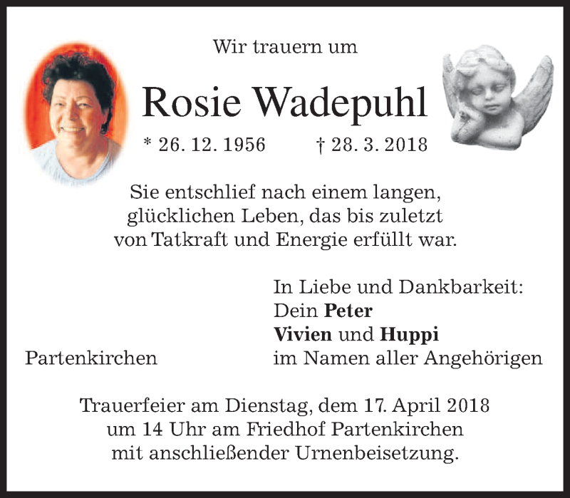  Traueranzeige für Rosie Wadepuhl vom 14.04.2018 aus merkurtz