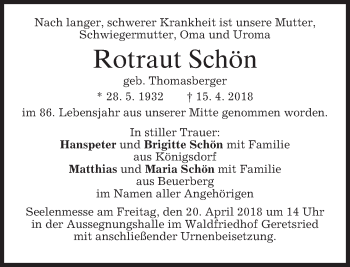 Traueranzeige von Rotraut Schön von merkurtz