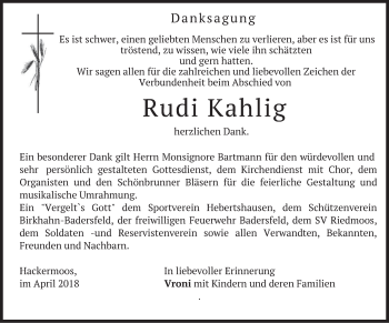 Traueranzeige von Rudi Kahlig von merkurtz