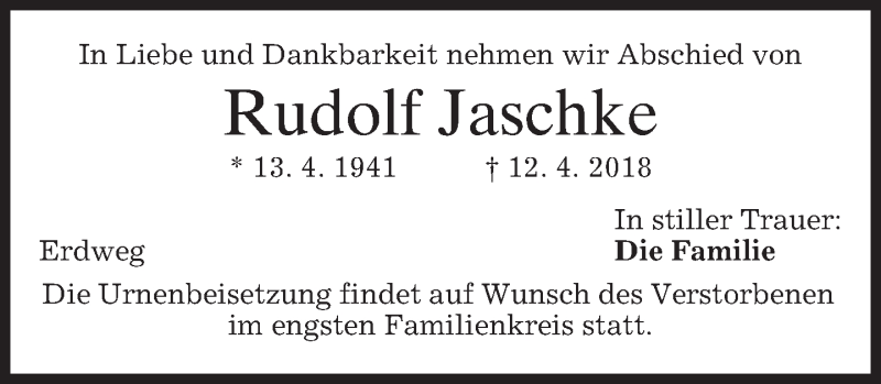  Traueranzeige für Rudolf Jaschke vom 18.04.2018 aus merkurtz