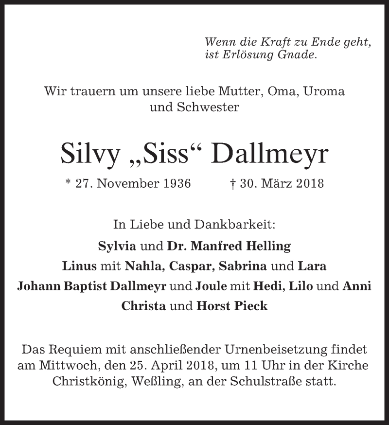  Traueranzeige für Silvy  Dallmeyr vom 21.04.2018 aus merkurtz