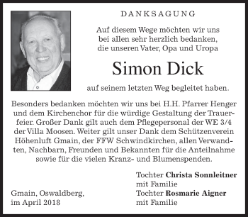 Traueranzeige von Simon Dick von merkurtz