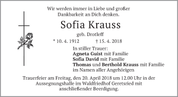 Traueranzeige von Sofia Krauss von merkurtz