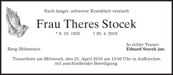 Traueranzeige von Theres Stocek von merkurtz