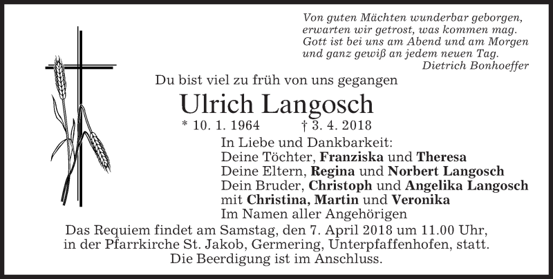  Traueranzeige für Ulrich Langosch vom 05.04.2018 aus merkurtz