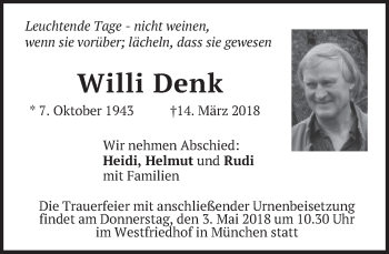 Traueranzeige von Willi Denk von merkurtz