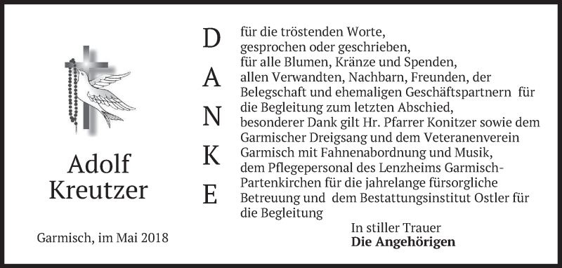  Traueranzeige für Adolf Kreutzer vom 19.05.2018 aus merkurtz