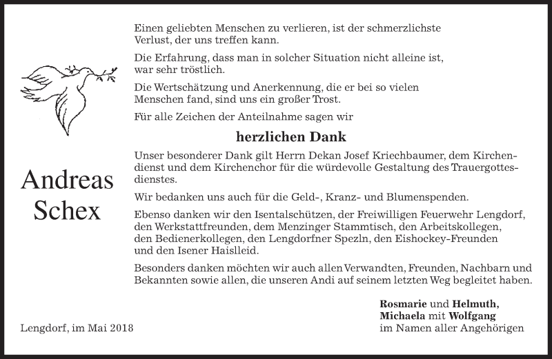  Traueranzeige für Andreas Schex vom 05.05.2018 aus merkurtz