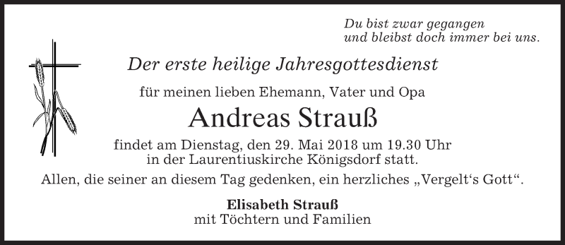  Traueranzeige für Andreas Strauß vom 26.05.2018 aus merkurtz