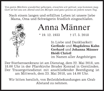 Traueranzeige von Anna Männer von merkurtz