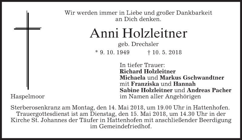  Traueranzeige für Anni Holzleitner vom 12.05.2018 aus merkurtz