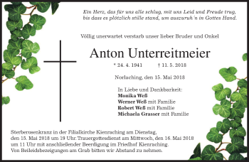 Traueranzeige von Anton Unterreitmeier von merkurtz