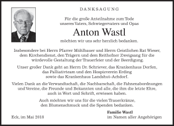 Traueranzeige von Anton Wastl von merkurtz