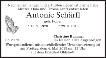 Traueranzeige von Antonie Schärfl von merkurtz