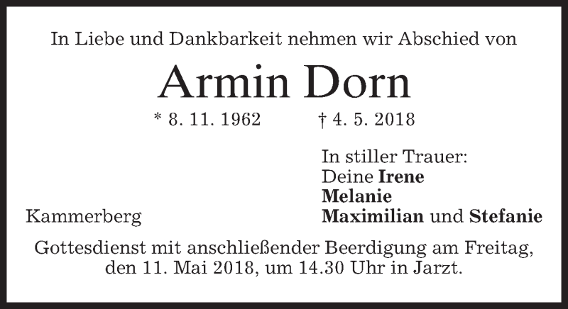  Traueranzeige für Armin Dorn vom 09.05.2018 aus merkurtz