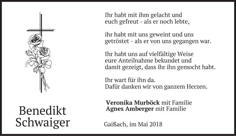  Traueranzeige für Benedikt Schwaiger vom 05.05.2018 aus merkurtz