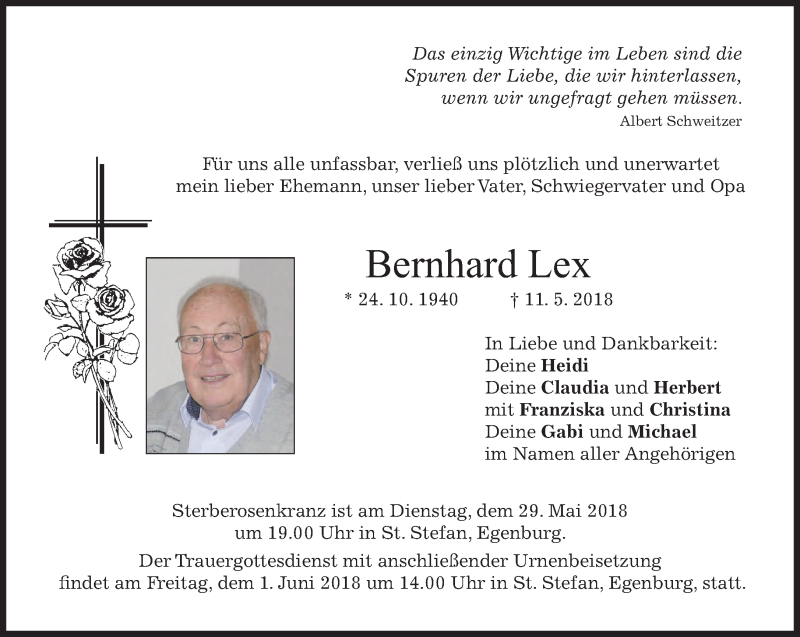  Traueranzeige für Bernhard Lex vom 26.05.2018 aus merkurtz