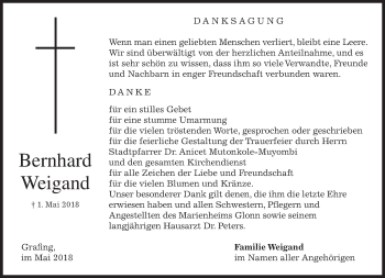 Traueranzeige von Bernhard Weigand von merkurtz