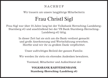 Traueranzeige von Christl Sigl von merkurtz