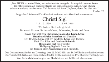 Traueranzeige von Christl Sigl von merkurtz