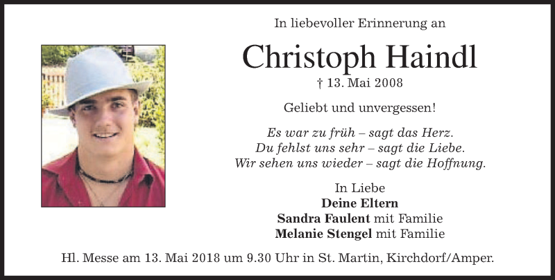  Traueranzeige für Christoph Haindl vom 12.05.2018 aus merkurtz