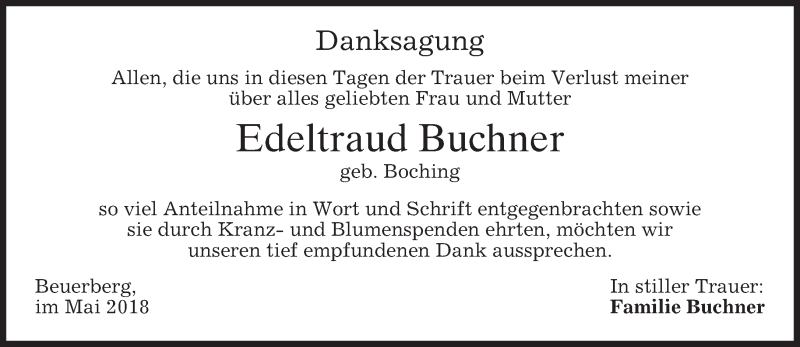  Traueranzeige für Edeltraud Buchner vom 26.05.2018 aus merkurtz