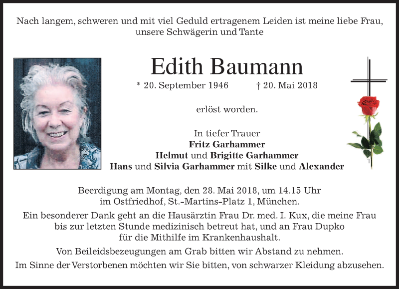  Traueranzeige für Edith Baumann vom 24.05.2018 aus merkurtz