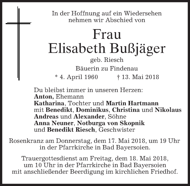  Traueranzeige für Elisabeth Bußjäger vom 16.05.2018 aus merkurtz