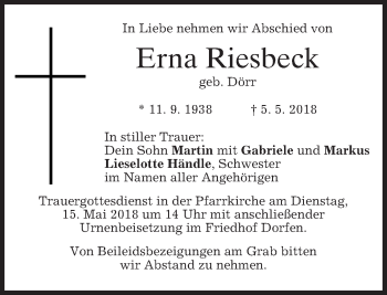 Traueranzeige von Erna Riesbeck von merkurtz
