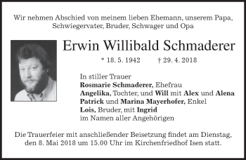 Traueranzeige von Erwin Willibald Schmaderer von merkurtz
