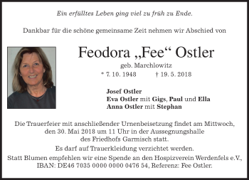 Traueranzeige von Feodora Fee Ostler von merkurtz