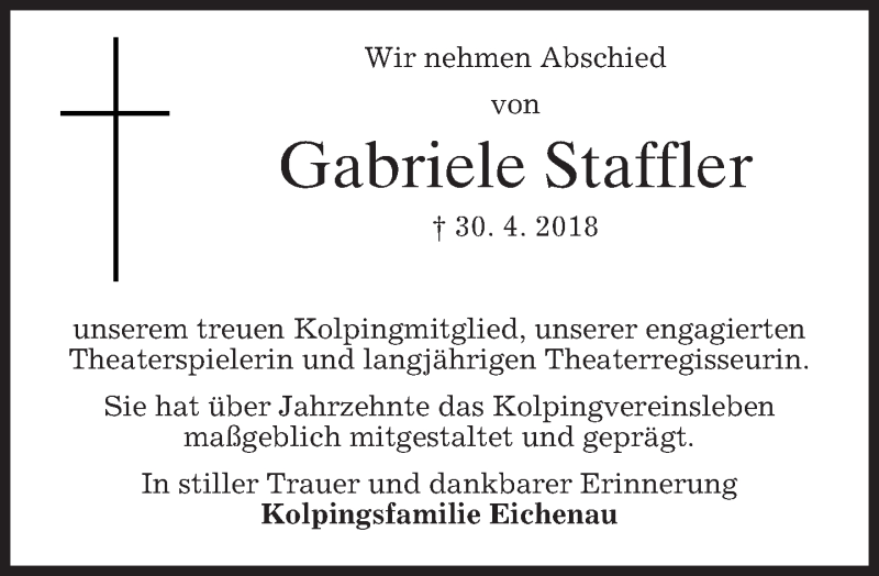  Traueranzeige für Gabi Staffler vom 09.05.2018 aus merkurtz