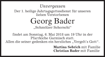 Traueranzeige von Georg Bader von merkurtz