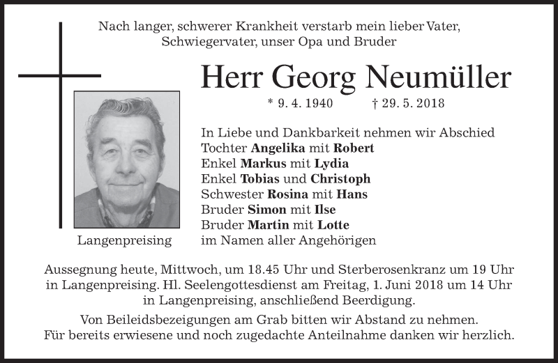  Traueranzeige für Georg Neumüller vom 30.05.2018 aus merkurtz