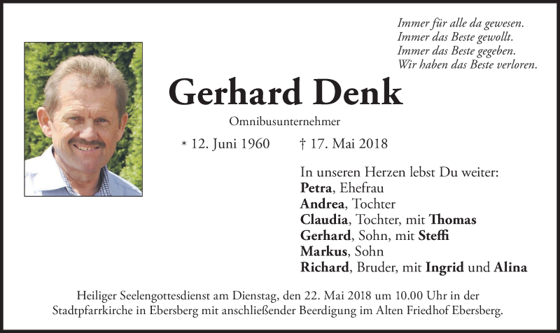  Traueranzeige für Gerhard Denk vom 19.05.2018 aus merkurtz