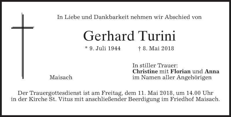  Traueranzeige für Gerhard Turini vom 09.05.2018 aus merkurtz
