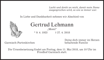 Traueranzeige von Gertrud Lehmann von merkurtz