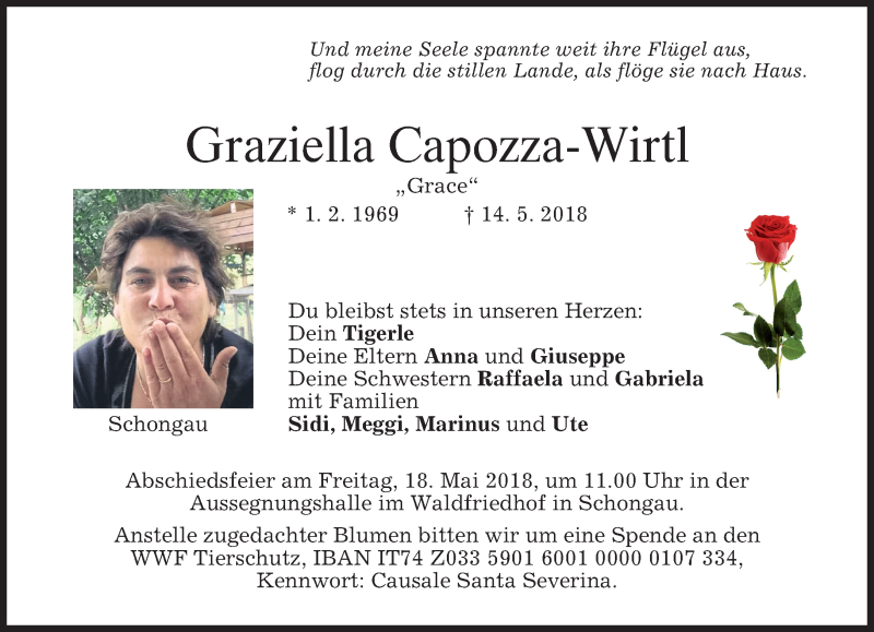  Traueranzeige für Graziella Capozza-Wirtl vom 16.05.2018 aus merkurtz