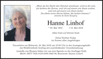 Traueranzeige von Hanne Linhof von merkurtz
