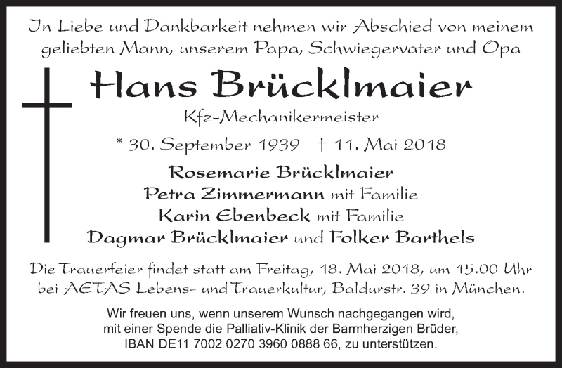  Traueranzeige für Hans Brücklmaier vom 16.05.2018 aus merkurtz
