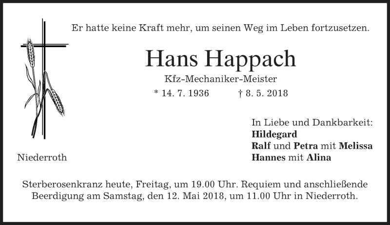  Traueranzeige für Hans Happach vom 11.05.2018 aus merkurtz