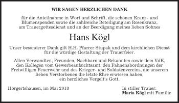 Traueranzeige von Hans Kögl von merkurtz