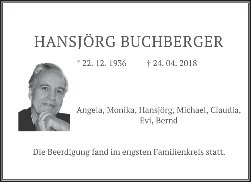  Traueranzeige für Hansjörg Buchberger vom 05.05.2018 aus merkurtz