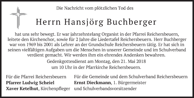  Traueranzeige für Hansjörg Buchberger vom 17.05.2018 aus merkurtz