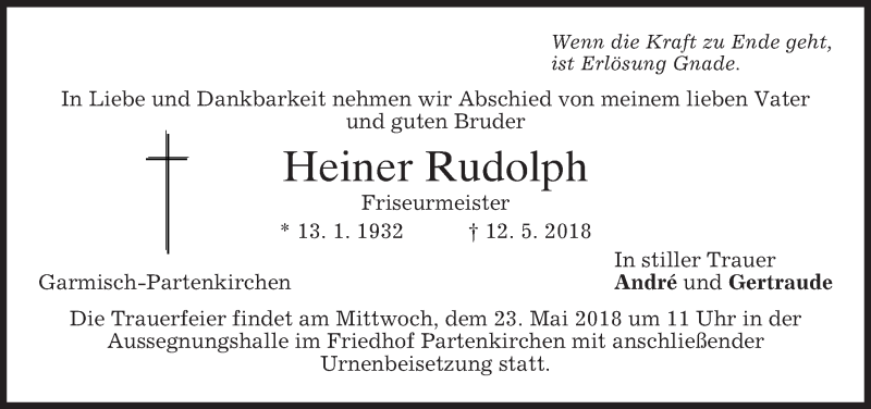  Traueranzeige für Heiner Rudolph vom 19.05.2018 aus merkurtz